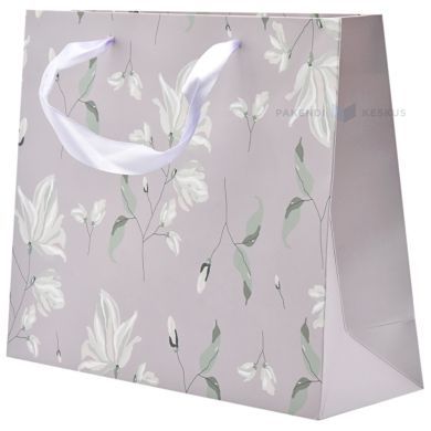 Delicate white flowers print purple paper bag with ribbon handles