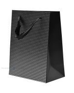 Silvery dots print black paper bag with ribbon handles 18+10x23cm