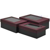 Black gift boxes with dark red lids with windows, 3pcs/set