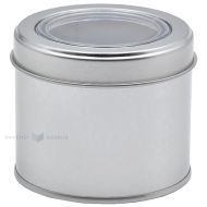 Silver metal box with lid with window with diameter 73mm with height 60mm