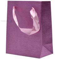 Shiny pink paper bag with ribbon handles 11+6x14cm