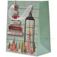 Lantern and trees print green paper bag with ribbon handles 18+10x23cm