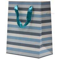 Blue, white and gray stripes paper bag with ribbon handles 18+10x23cm