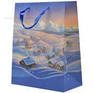 Mountain village print paper bag with ribbon handles 26+12x32cm