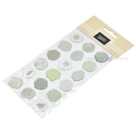 Dažādas gaiši zaļas zīmoga formas uzlīmes diam. 20mm, 18gb./iepakojumā