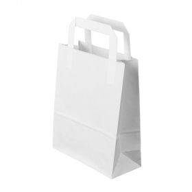 Balts papīra maiss ar plakaniem locītiem rokturiem 28+17x29cm