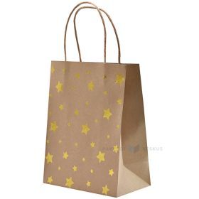 Kraftpapīra dāvanu maiss ar zelta zvaigžņu apdruku un ar vītiem papīra rokturiem 18+10x23cm
