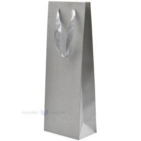 Grey paper bag with ribbon handles for wine 13+8x36cm