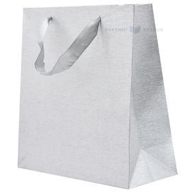 Spīdoši sudrabots papīra maiss ar lentes rokturiem 25+10x25cm