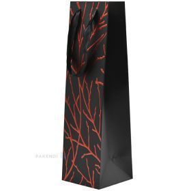 Golden branches print black paper bag with ribbon handles for wine 10,5+10,5x36cm