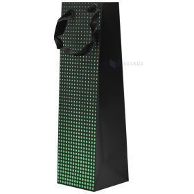 Green dots print black paper bag with ribbon handles for wine 10,5+10,5x36cm