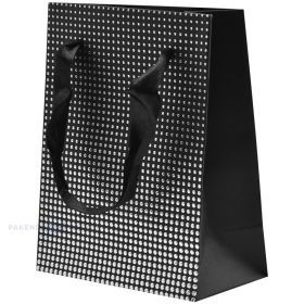 Silvery dots print black paper bag with ribbon handles 11+6x14cm