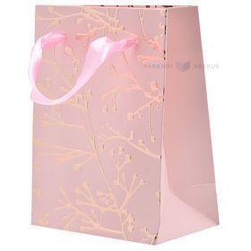 Golden branches print pink paper bag with ribbon handles 11+6x14cm