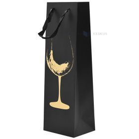 Melns papīra maiss ar glāzes apdruku vīnam ar lentes rokturiem 13+13x36cm