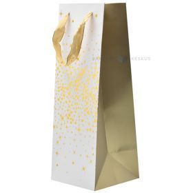 Golden stars and dots print white paper bag for wine with ribbon handles 13+13x36cm