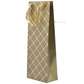 Rhombus print golden paper bag for wine with ribbon handles 15+8x40cm