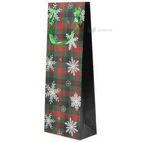 Snowflakes print green-red checkered paper bag for wine with ribbon handles 15+8x40cm
