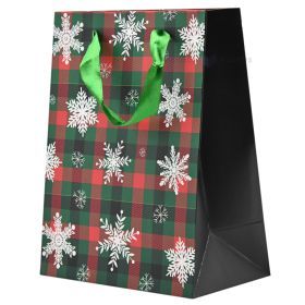 White snowflakes checkered paper bag with ribbon handles 18+10x23cm