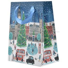 Christmassy London cityview print paper bag with ribbon handles 18+10x23cm