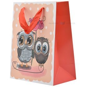 Two owls with flower print paper bag with ribbon handles 18+10x23cm