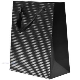 Silvery dots print black paper bag with ribbon handles 18+10x23cm