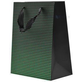 Green dots print black paper bag with ribbon handles 18+10x23cm