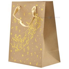 Golden sledge print craft paper bag with ribbon handles 18+10x23cm