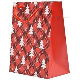 White trees checkered red paper bag with ribbon handles 18+10x23cm