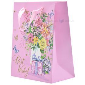 Flower vase and present Best Wishes print pink paper bag with ribbon handles 18+10x23cm