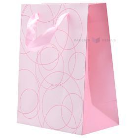 Pink circles pink paper bag with ribbon handles 18+10x23cm