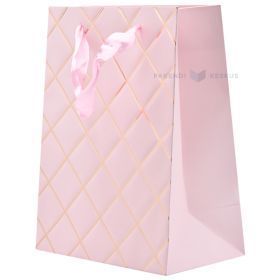 Golden edged rhombus pink paper bag with ribbon handles 18+10x23cm