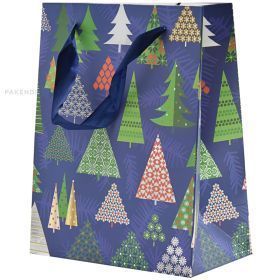 Different trees print blue paper bag with ribbon handles 18+10x23cm