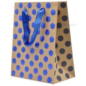 Kraftpapīra maiss ar zilu punktu apdruku un  ar lentes rokturiem 18+10x23cm