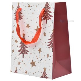 Red trees and stars print white paper bag with ribbon handles 18+10x23cm