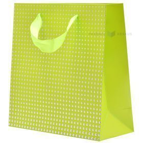 Silvery dots green paper bag with ribbon handles 20+8x20cm
