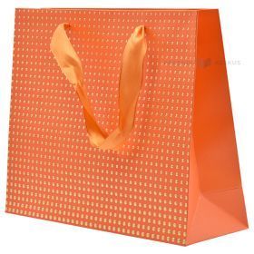Golden dots print orange paper bag with ribbon handles 25+8x20cm