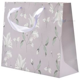 Delicate white flowers print purple paper bag with ribbon handles 25+8x20cm