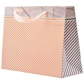 Stripes and leaves pattern print paper bag with ribbon handles 25+8x20cm