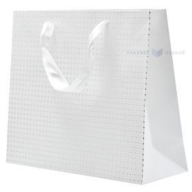 Silvery dots white paper bag with ribbon handles 25+8x20cm