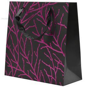 Purple branches print black paper bag with ribbon handles 25+10x25cm