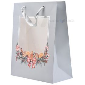 Decorations and ginger bread print gray paper bag with window and ribbon handles 26+12x32cm