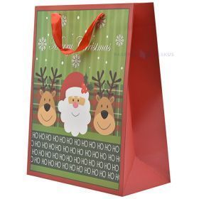 Papīra dāvanu maiss ar Ziemassvētku vecīša un aļņu HO apdruku ar lentes rokturiem 26+12x32cm