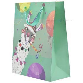 Alpaka with hat print craft paper bag with ribbon handles 26+12x32cm