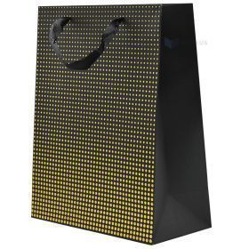 Golden dots black paper bag with ribbon handles 26+12x32cm