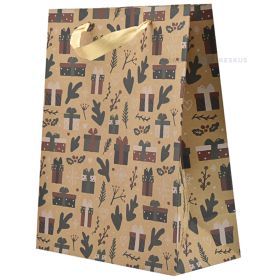 Christmas branches and gifts print craft paper bag with ribbon handles 26+12x32cm