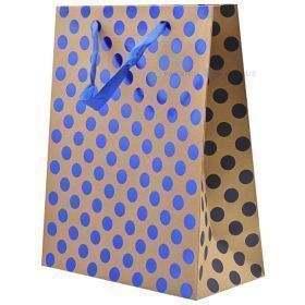 Blue dots print craft paper bag with ribbon handles 26+12x32cm