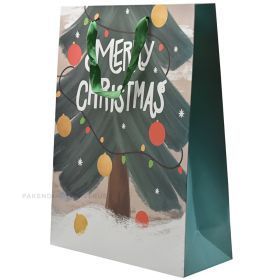 Tree print beige paper bag with ribbon handles 30+12x40cm