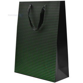 Melns papīra maiss ar zaļu punktu apdruku un ar lentes rokturiem 30+12x40cm