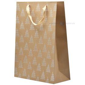 Silvery striped trees print brown paper bag with ribbon handles 30+12x40cm