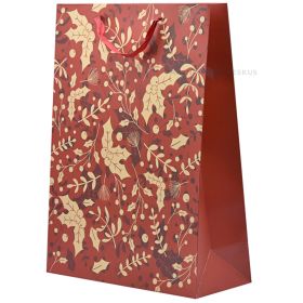 Red and golden Christmas branches print red paper bag with ribbon handles 30+12x40cm